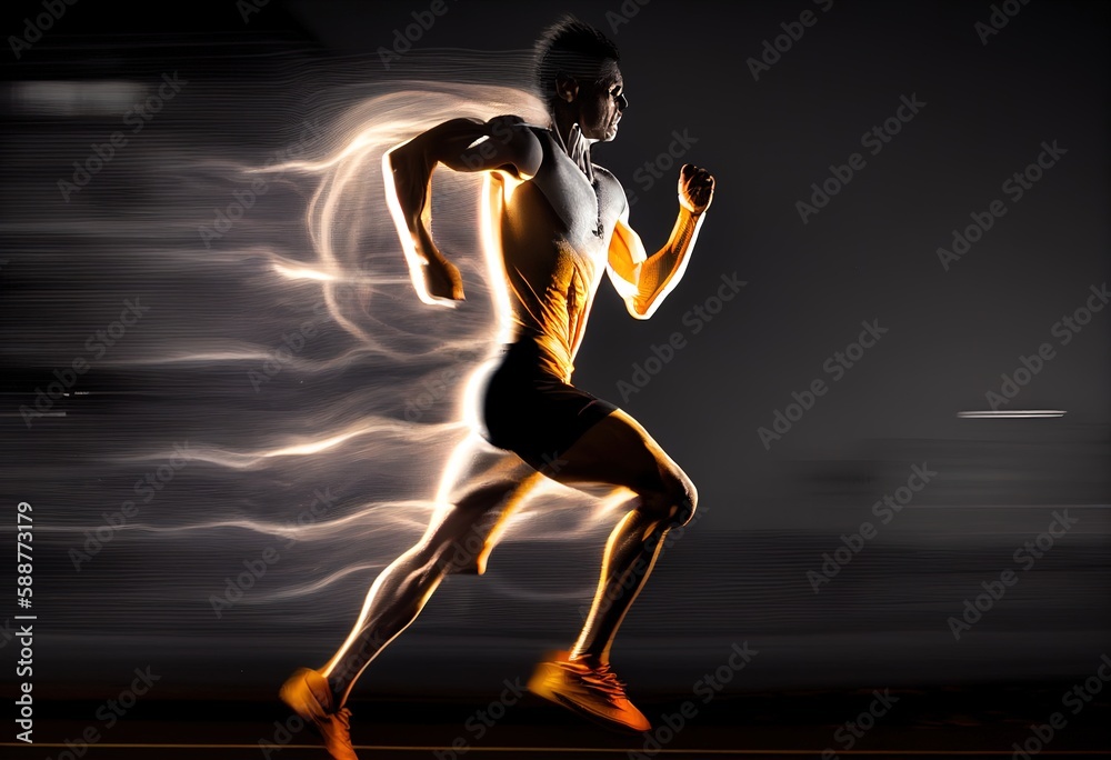 Forward running man at night and his dynamic movemen illustration. AI generative.