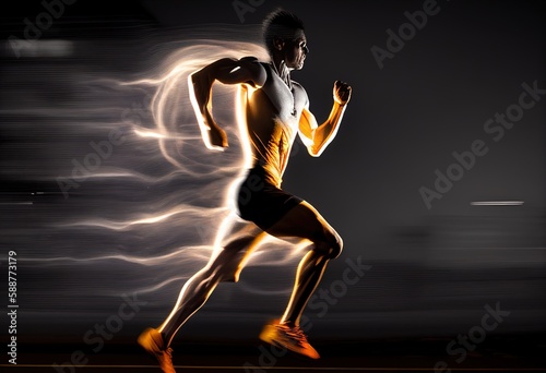 Forward running man at night and his dynamic movemen illustration. AI generative. © John Design