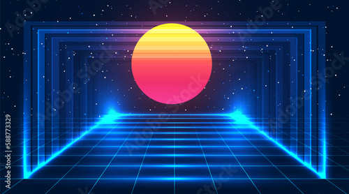 Retro futuristic background. Digital landscape cyber concept