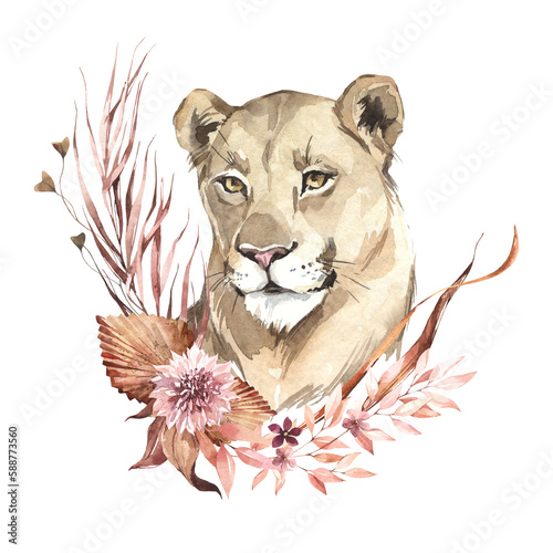 Watercolor lioness portrait with flowers. African animlas clipart. World Zoo nature illustration for kids products. World fauna and flora. Hand drawn wild cat head with dried bouquet print on photo