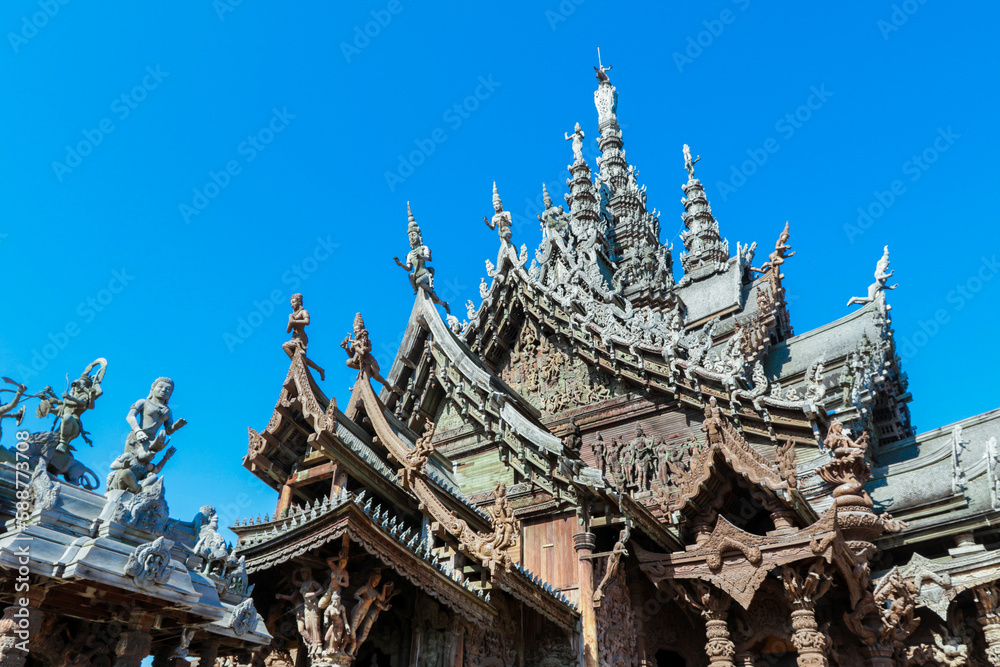 Unique Wooden Roof Details of the Sanctuary of Truth in Pattaya, Thailand