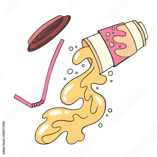 Illustration of pouring soda from a glass with a lid and a straw in a flat style