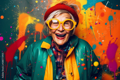 Happy older woman wearing colorful glasses - Generative AI