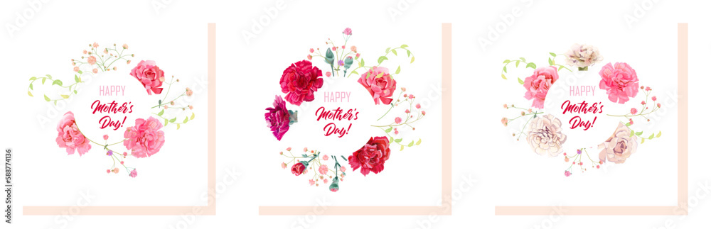 Set of square Mother's Day cards with carnation: white, pink, red flowers, gypsophile twigs, round white background. Template for design, realistic botanical illustration in watercolor style, vector
