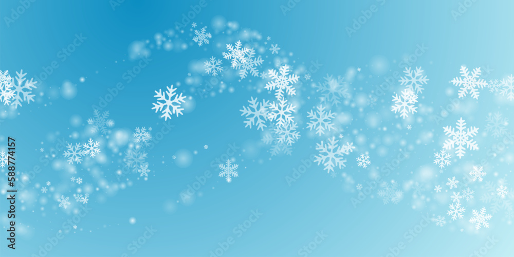 Magical flying snowflakes composition. Wintertime dust crystallic granules. Snowfall weather white teal blue pattern. Rime snowflakes christmas vector. Snow nature scenery.