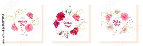Set of square Mother's Day cards with carnation: white, pink, red flowers, gypsophile twigs, round white background. Template for design, realistic botanical illustration in watercolor style, vector