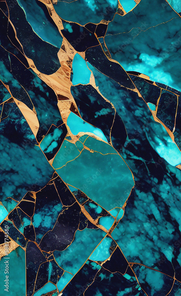 Turquoise marble surface. Stone granite background for design. Nature backdrop. Rock texture with cracks. Close-up.  