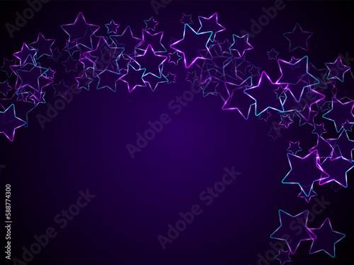Neon luminous stars music vector background. Violet led magic New Year sparkles.