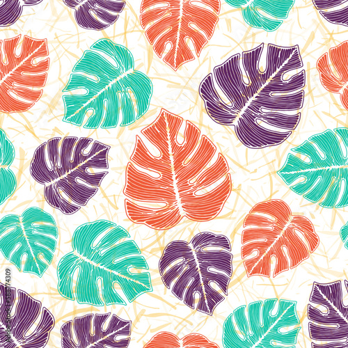 Monstera plant leaves botanical repeat rapport over noisy background. Retro