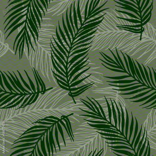 Repeat exotic palm leaves vector pattern. Botanical elements over waves texture