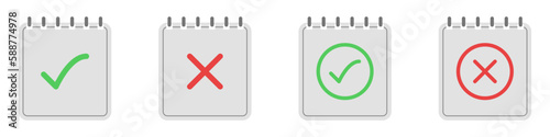 Notebook sheet vector icon. A set of letters with a check mark and a cross on them. Vector voting icons. Vector set of icons for confirmation or denial.