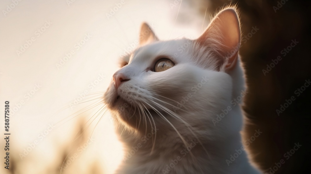 a cat looks up into the sky at sunset near trees