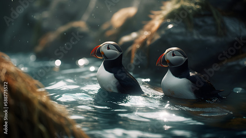 Majestic Puffins in the Oceanic Wilderness. Generative AI