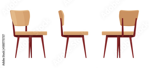 Chairs interior brown set for dining, kitchen, living, guest room. Reading, desk seat. Vector flat style cartoon home, office furniture articles isolated, white background front, side, rear view