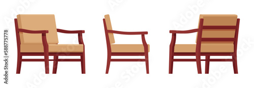 Wooden armchair with brown cushions, lounge chair set. Living room, study, garden, outdoor. Vector flat style cartoon home, office furniture articles isolated, white background front, side, rear view