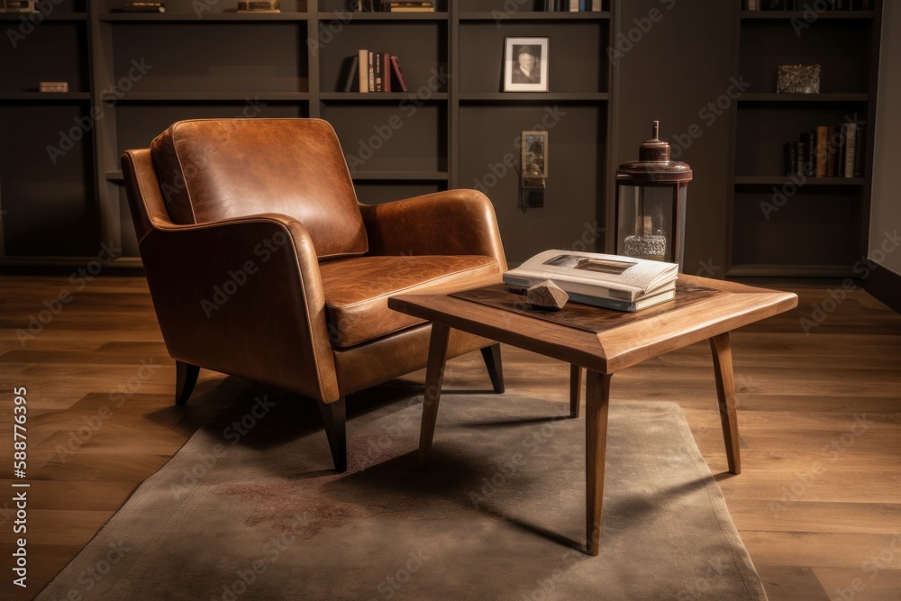 Modern living room with coffee table and brown leather armchair. Generative AI Modern living room with coffee table and brown leather armchair. Generative AI