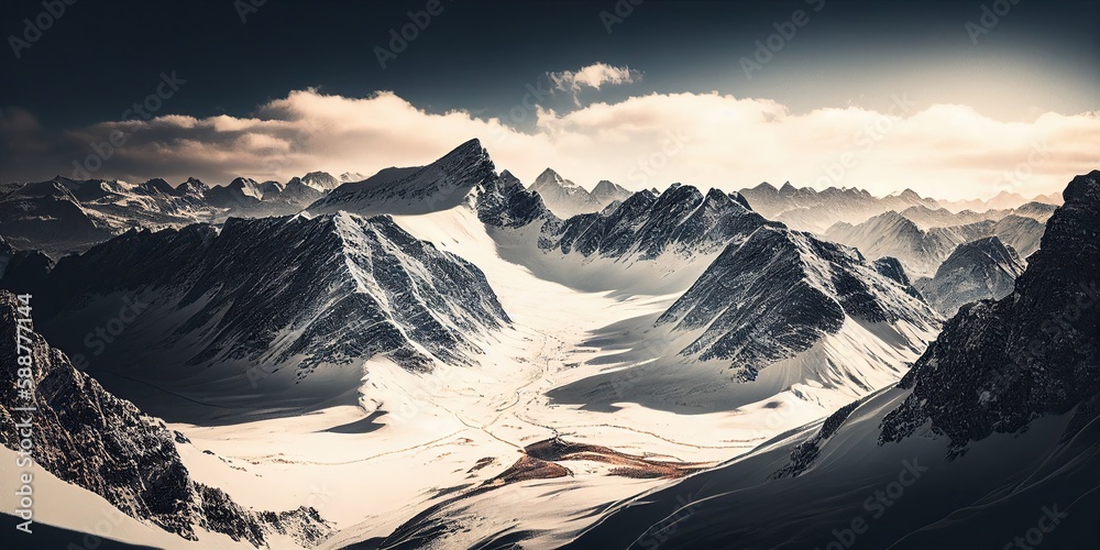 Idyllic view of snowy mountain peaks in the Alps. Wide angle winter landscape. generative ai