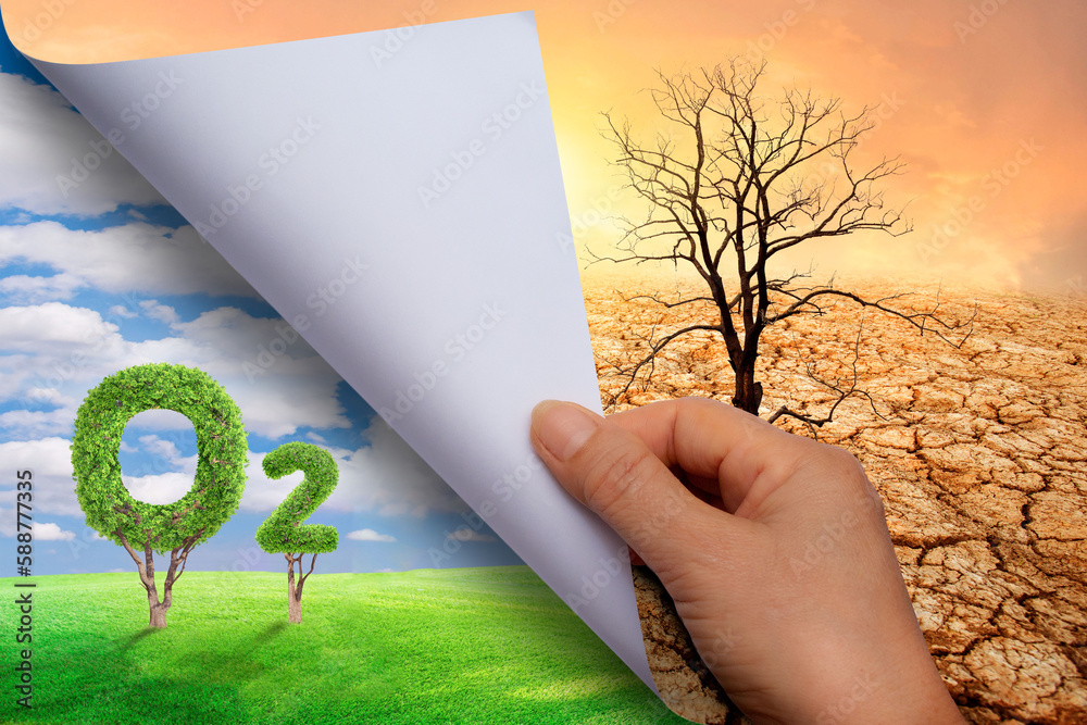 Woman hand turning pages of paper. O2 icon metaphor climate change  solution. global warming, Sustainable development and green business based  on renewable energy and without carbon dioxide emissions. Stock Photo |  Adobe