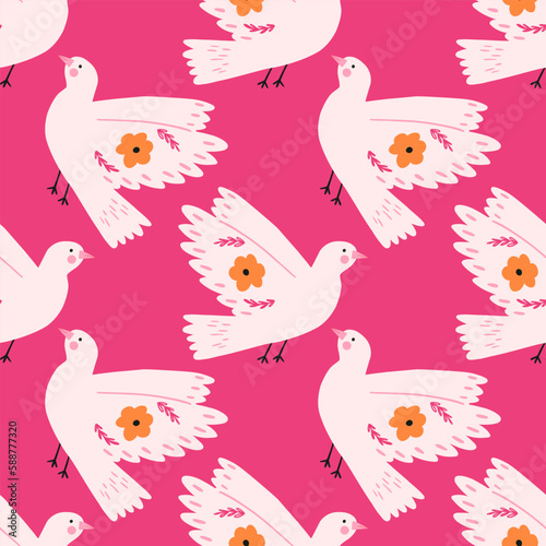 Colorful seamless pattern with hand drawn dove bird, flat vector illustration on pink background. Funky and quirky pattern with concept of love and Valentine's day.