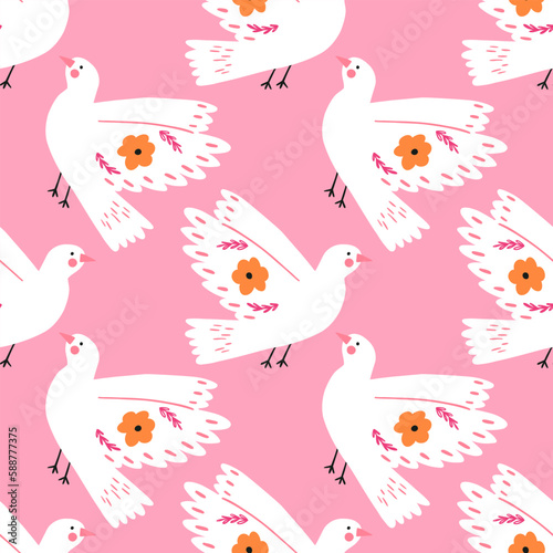 Cute white dove bird, seamless pattern - flat vector illustration on pink background. Concepts of love, peace and Valentines day. hand drawn pattern.