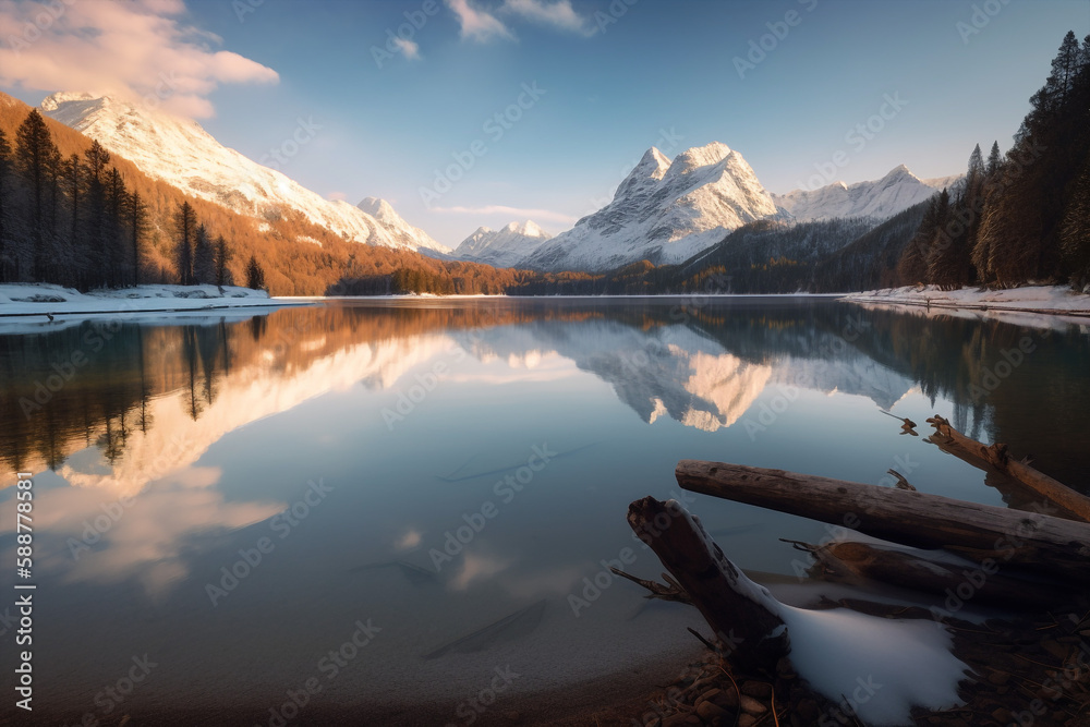 Generative ai panorama of gorgeous lake surrounded by mountains at sunrise