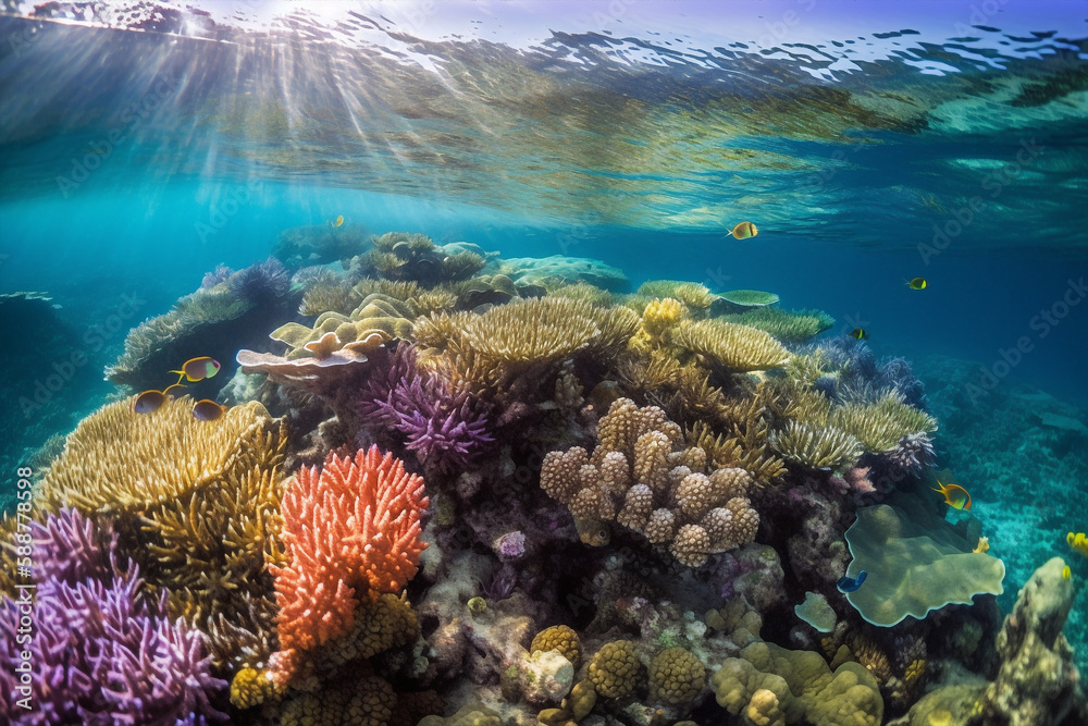 Naklejka premium Generative ai sun beams shining underwater on the tropical coral reef