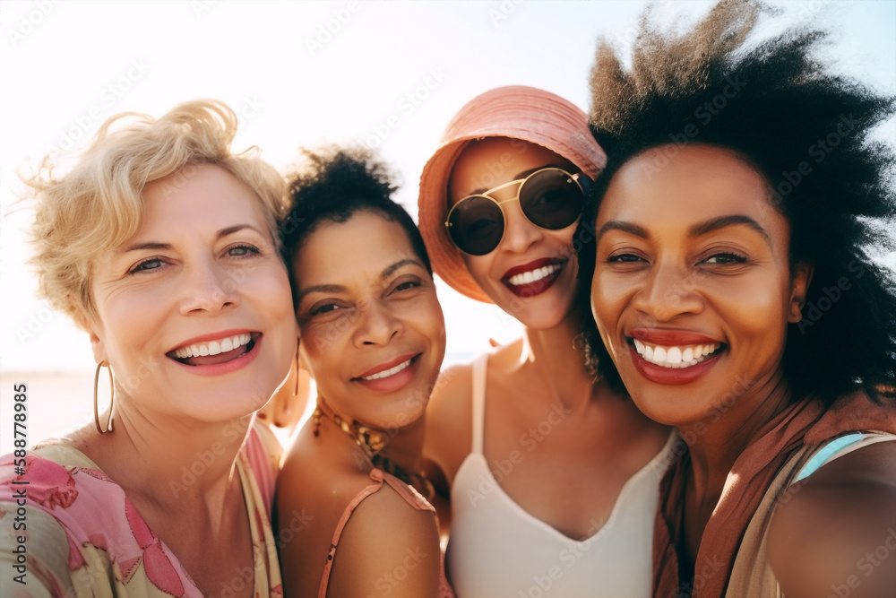 custom made wallpaper toronto digitalGenerative ai middle age happy smiling group multiethnic friends at beach taking selfie