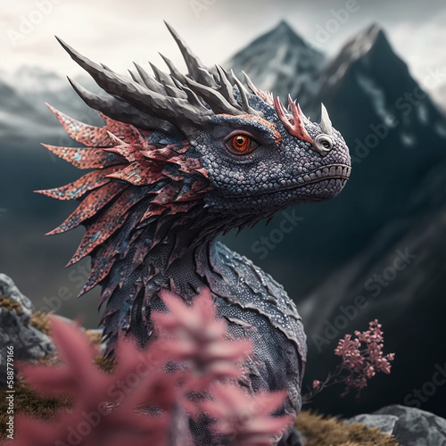 Dragon on the Mountain Top. Animal Character Design. Fantastic Style. Concept Art Scenery. Book Illustration. © Anwar