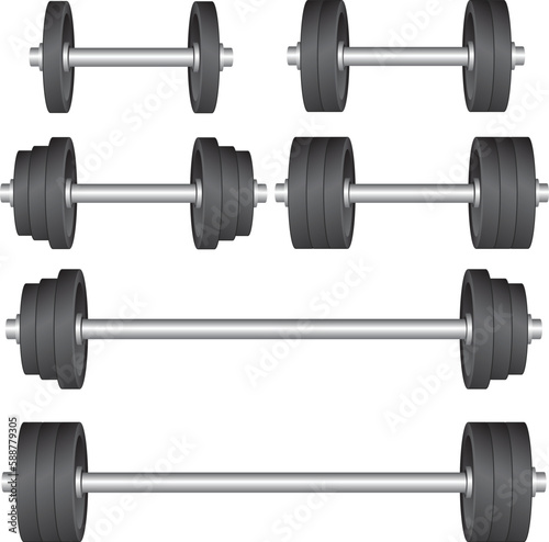 Set of dumbbells and barbell vector illustration