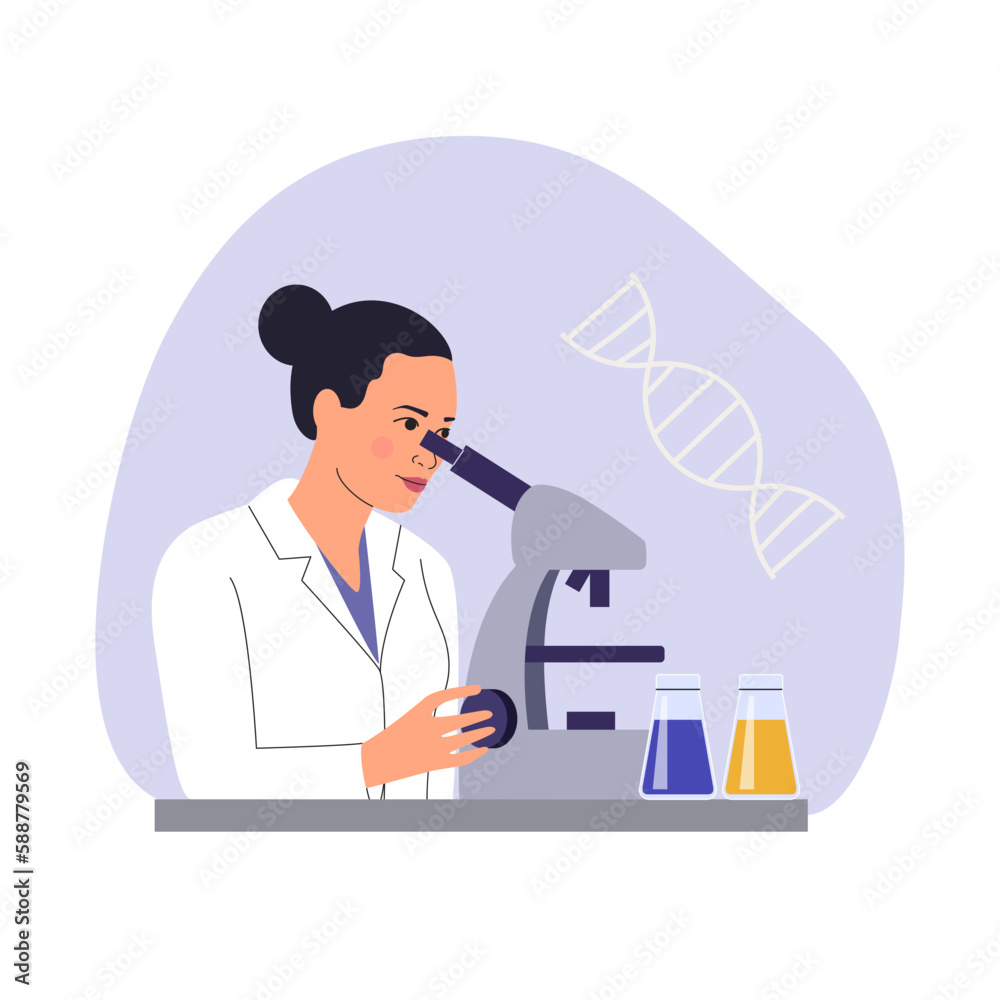 Woman scientist is looking through a microscope. Vector cartoon flat style illustration Woman scientist is looking through a microscope. Vector cartoon flat style illustration