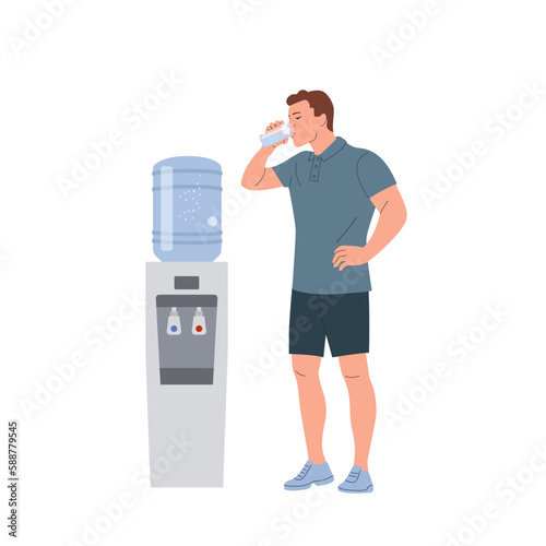 Healthy  young man in full height drinks water from a glass near the cooler. Vector cartoon flat style illustration