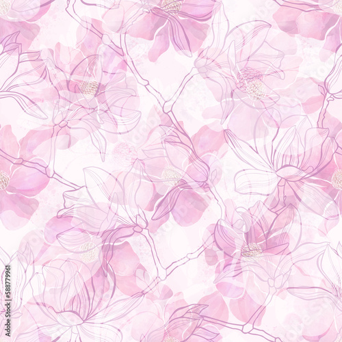 Seamless pattern with magnolia branches. Watercolor and graphic arts. Perfect for wallpaper, wrapping, fabric and textile.