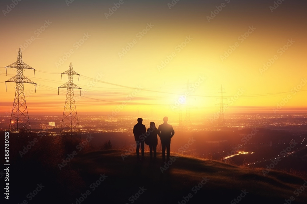 Fototapeta premium A Group of People Watching a City at Sunset with Power Lines in the Background - Energy Concept, Power Supply