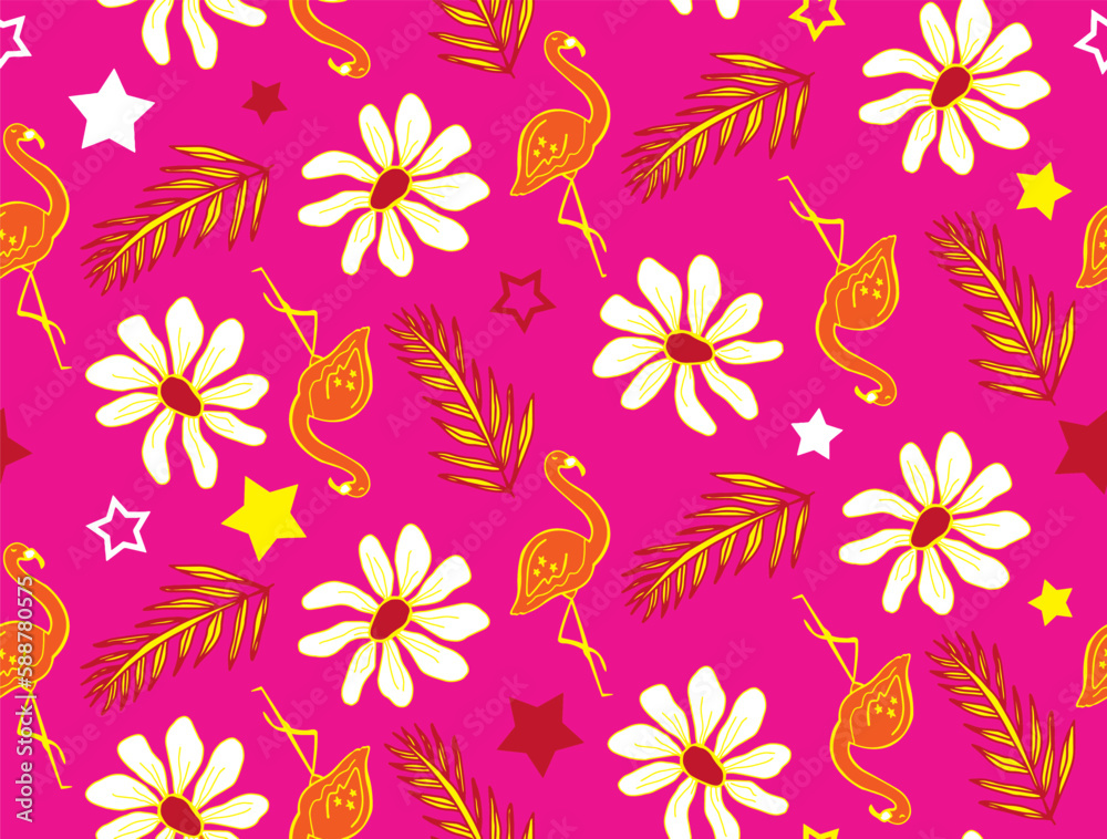 Abstract Hand Drawing Tropical Concept Flamingos Leaves Flowers and Stars Seamless Vector Pattern Isolated Background 
