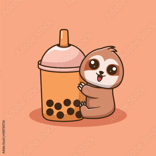 Vector Cute Sloth Hugging Boba Illustration. Kawaii Animal and Drink Cartoon Character Design For Banner, Poster, Icon, and Mascot