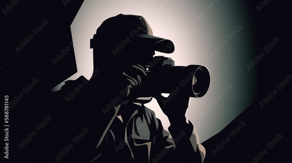 silhouette of a spy photographer in a cap and shadow, with a large lens