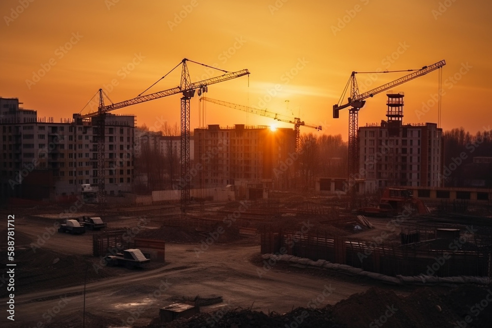 Construction site at sunset, showing towering buildings in various stages of construction, surrounded by cranes and heavy equipment.Ai generated Construction site at sunset, showing towering buildings in various stages of construction, surrounded by cranes and heavy equipment.Ai generated