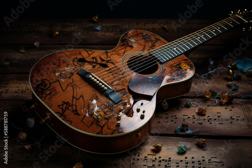 Classic wood guitar with musical notes score. Wooden musical play instrument with strings. Ai generated