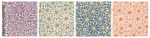 Vector Seamless Patterns with Daisy Flowers. Retro Bg in Groovy Cartoon Style. Y2k Hippie Illustration Set with Camomile