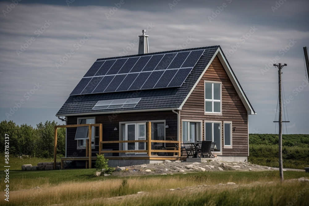 Residential homes powered by renewable energy sources such as solar panels and wind turbines. Ai generated.. Residential homes powered by renewable energy sources such as solar panels and wind turbines. Ai generated..