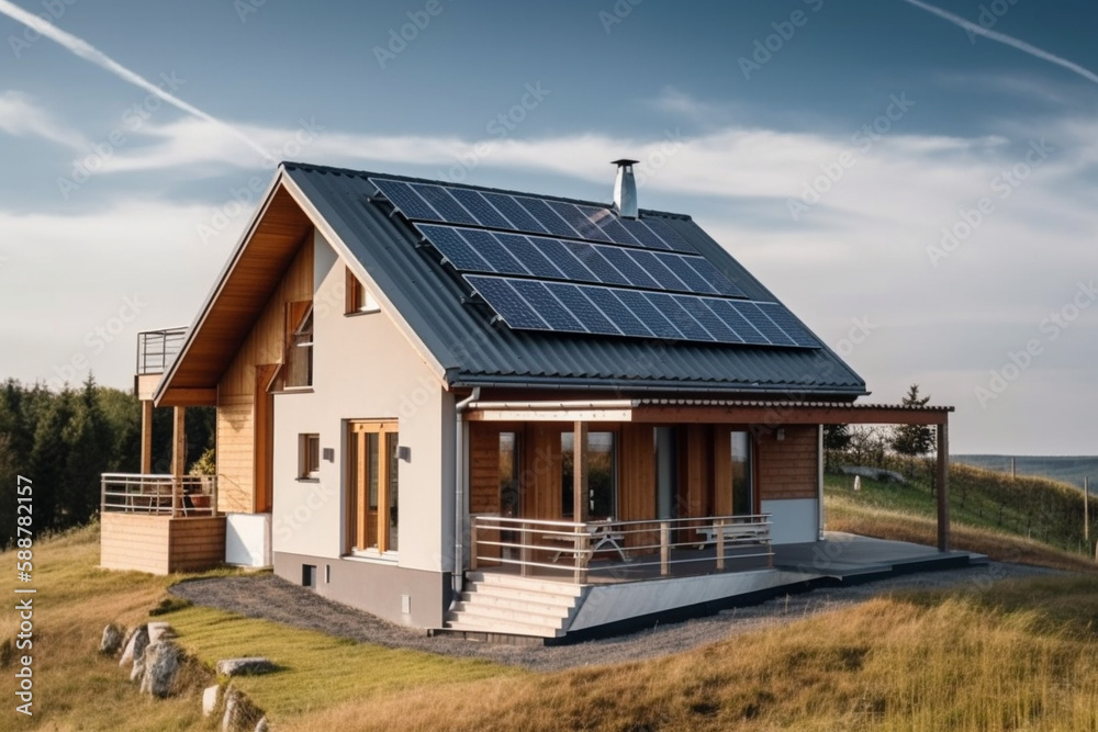 Residential homes powered by renewable energy sources such as solar panels and wind turbines. Ai generated.. Residential homes powered by renewable energy sources such as solar panels and wind turbines. Ai generated..