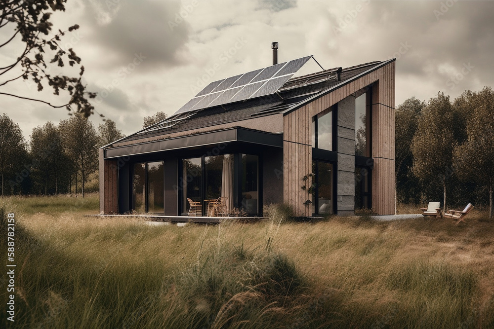 Obraz premium Residential homes powered by renewable energy sources such as solar panels and wind turbines. Ai generated..