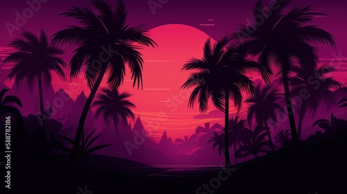 Sunset with palm trees, nature, beach, illustration, vector © Enea
