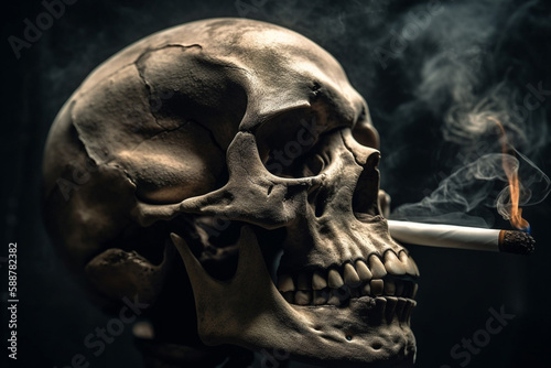 Human skull with a cigarette in its mouth, representing the dangers of smoking and the toll it takes on the human body. Ai generated..