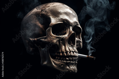 Human skull with a cigarette in its mouth, representing the dangers of smoking and the toll it takes on the human body. Ai generated.. photo