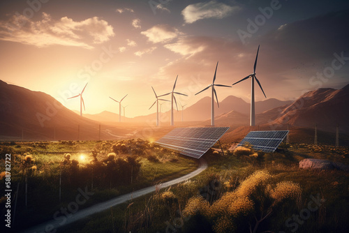 Fields with solar panels and wind turbines at sunset, showcasing the beauty of renewable energy. Ai generated