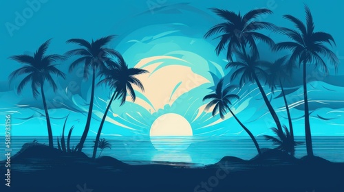 Sunset with palm trees  nature  beach  illustration  vector