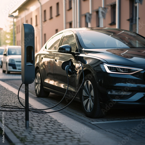 Electric vehicle (EV) connected to a charging station, representing the future of sustainable transportation. Ai generated © twindesigner