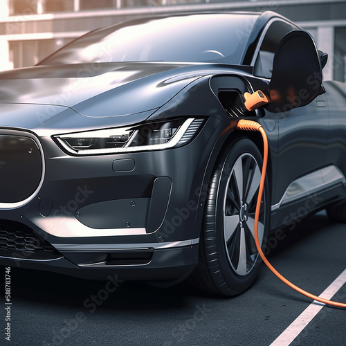 Electric vehicle (EV) connected to a charging station, representing the future of sustainable transportation. Ai generated © twindesigner
