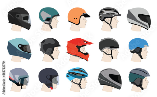 Racing helmets for car, motorcycle and bicycle. Vector illustration of racing helmets for head protection. 